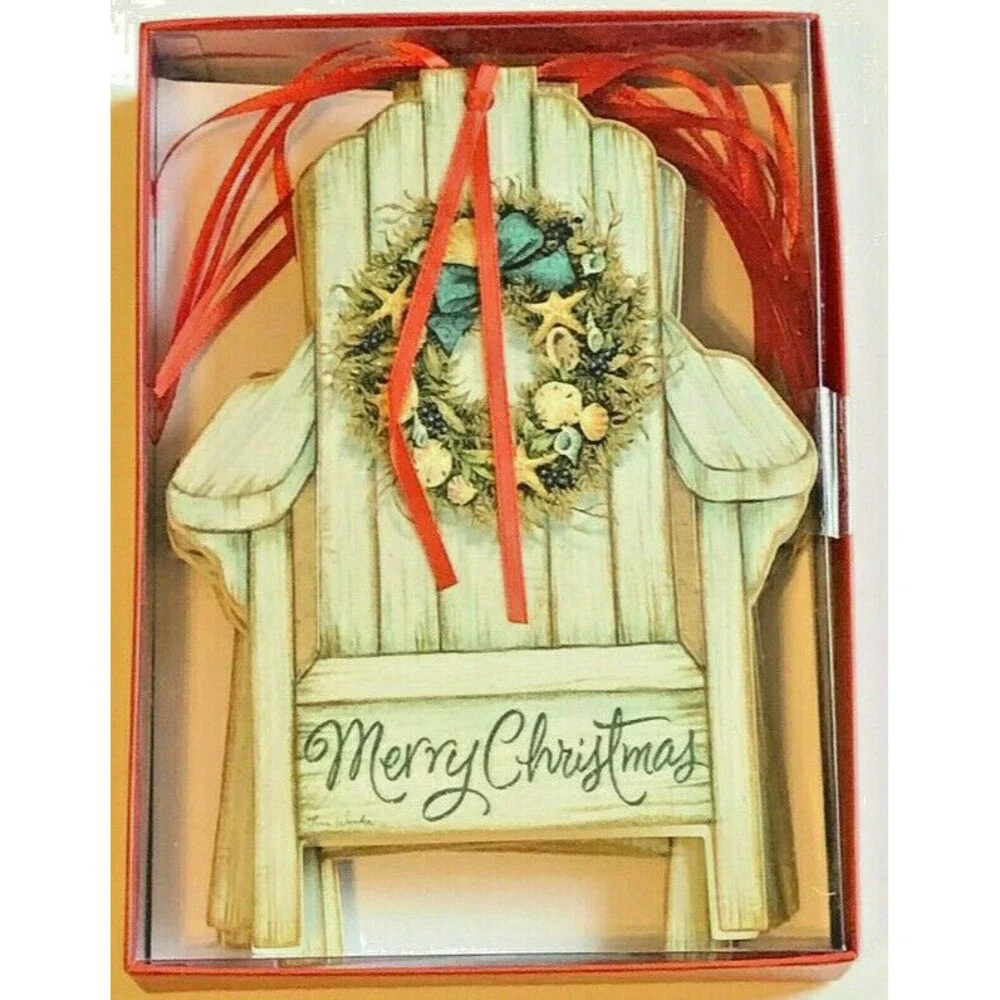 Merry Christmas Ornament 12 Cards Beach Chair Boxed Cut Out Nautical Beach Paper